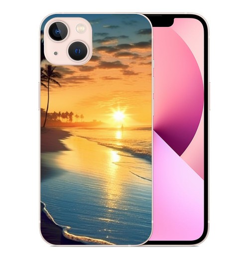 Compatible for iPhone 13 Case, Aesthetic Beach Palm Sunrise iPhone Case Drop Protection Slim Shockproof TPU Clear Case Gift for Men Women